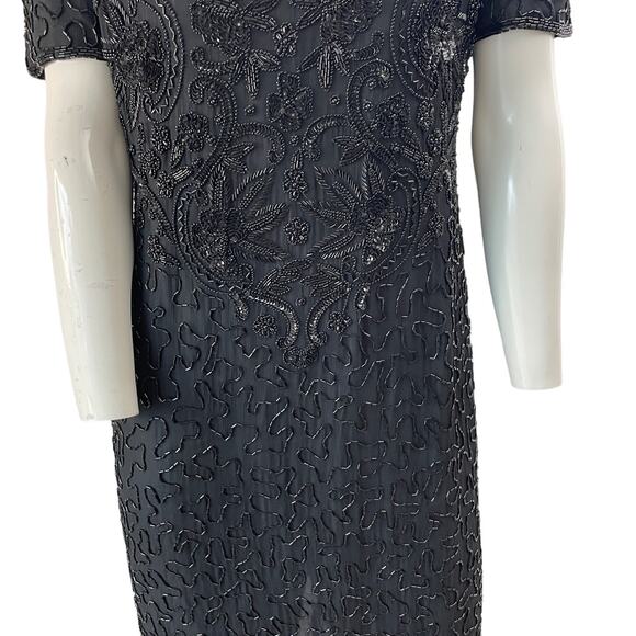 VINTAGE 80s Dress Womens PM Petite Medium Black Beaded Maxi Silk Retro - Picture 6 of 13
